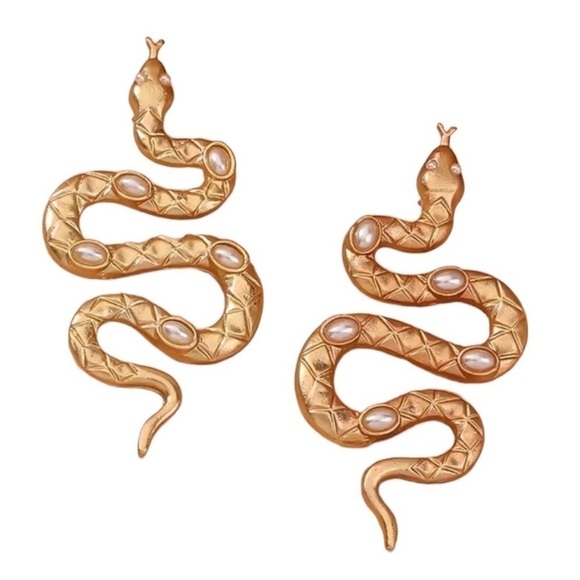SNAKE Shaped Gold Tone and Pearl Drop Pierced Earrings Textured - Picture 2 of 4